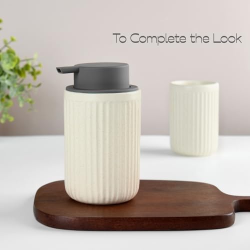 Speckled Beige Rippled Ceramic Foaming Soap Dispenser, Modern | Gray Silicone Pump, Modern Farmhouse Decor, Bathroom Counter Accent, Kitchen Sink Styling, Soft Neutral Home Aesthetic - color: Beige,brown,grey