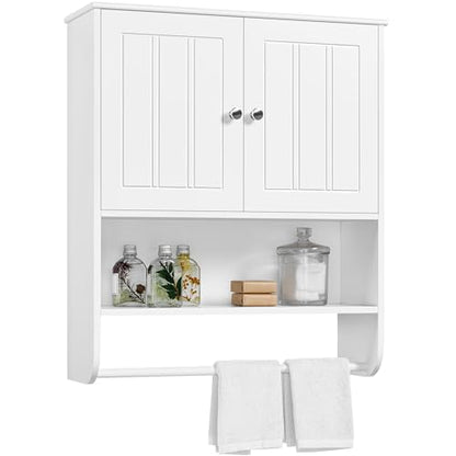 Yaheetech 24" Bathroom Wall Cabinet Over Toilet with Towel Bar, White Doors | Over-the-Toilet Storage for Small Bathrooms, Doors Hide Clutter, Adjustable Shelf Fits Tall Bottles, Open Display, MDF Build