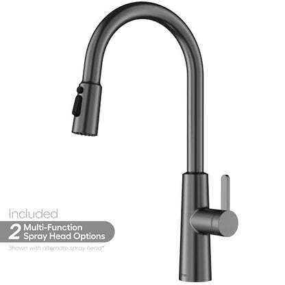 Karran Elmsworth Commercial Style Pull-Down Kitchen Faucet with Dual Interchangeable Spray Heads 5-Function Revolve MAX & 3-Function Revolve Mini Aerator High-Arc Spout (Spot Free Gunmetal Grey) - color: Spot Free Gunmetal Grey