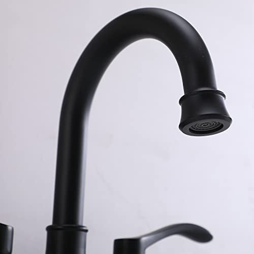 Lead-Free Antique 2 Handle Bathroom Sink Faucet, 360° Swivel High-Arc Spout 4-Inch Centerset Lavatory Vanity Faucets Set with Drain & Water Hoses, Matte Black