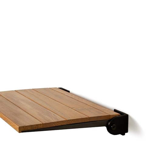 Seachrome 18 inch Silhouette Slimline Folding Wall Mount Shower Bench Seat, Natural Teak Wood with Matte Black Frame - color: Teak Wood With Matte Black Frame