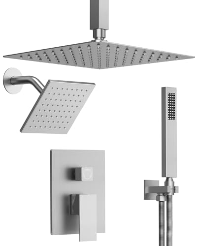 Brushed Nickel 3-Function Shower System with 10" Rainfall & 6" Secondary Shower Head, Handheld Combo Set, Wall Mounted cUPC Certified Pressure Balance Valve - color: Brushed Nickel