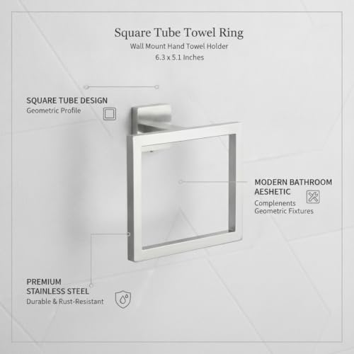 6.3 x 5.1 Inch Square Tube Towel Ring, Stainless Steel Wall Mount Hand Towel Holder for Bathroom Sink Vanity