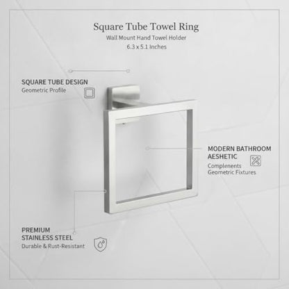 6.3 x 5.1 Inch Square Tube Towel Ring, Stainless Steel Wall Mount Hand Towel Holder for Bathroom Sink Vanity