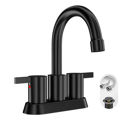Phiestina 4 Inch 2 Handle Centerset Matte Black Lead-Free Modern Bathroom Faucet, 360 Swivel Spout 2-3 Hole RV Bathroom Vanity Sink Faucet with Pop Up Drain and Water Supply Lines,BF015-1-MB - color: Matte Black