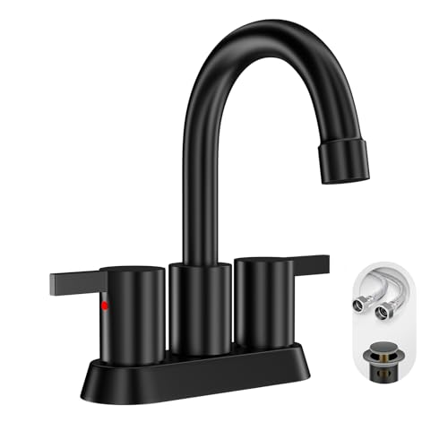 Phiestina 4 Inch 2 Handle Centerset Matte Black Lead-Free Modern Bathroom Faucet, 360 Swivel Spout 2-3 Hole RV Bathroom Vanity Sink Faucet with Pop Up Drain and Water Supply Lines,BF015-1-MB - color: Matte Black