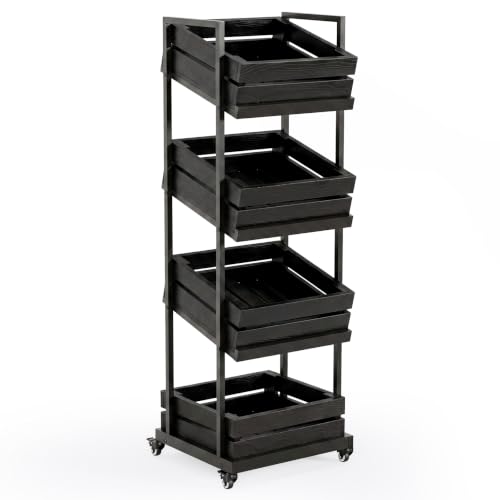 LITTLE TREE 4-Tier Basket Stand with Locked Wheels, Mobile Fruit and Vegetable Storage, Floor Stand Rack, Utility Shelf, for Kitchen, Living Room, Pantry (Black) - color: Black, size: 4-Tier