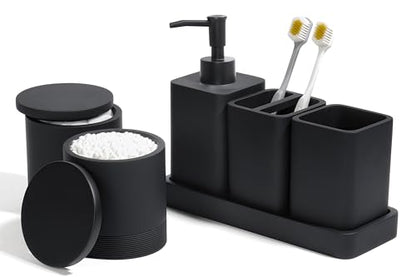 Bathroom Accessories Set, 6 Piece Soap Dispenser Set - Matte Black | Bathroom Set with Toothbrush Holders, Soap Dispenser, Vanity Tray, Tumbler, Cotton Swab Jars, Bathroom Organizer and Storage - color: Black
