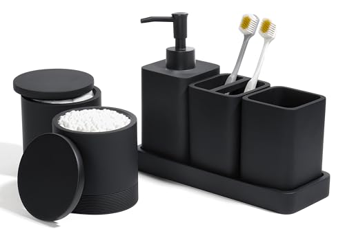 Bathroom Accessories Set, 6 Piece Soap Dispenser Set - Matte Black | Bathroom Set with Toothbrush Holders, Soap Dispenser, Vanity Tray, Tumbler, Cotton Swab Jars, Bathroom Organizer and Storage - color: Black