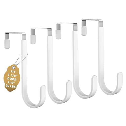 Over the Door Hooks, 4 Pack Heavy Duty Over Door Hanger with Non-Slip Rubber, Door Hooks for Hanging Towels, Coats, Bags, Space Saving Door Hanger Organizer for Living Room,Bathroom, Bedroom - color: White, size: 5" Short, Fit Doors Up to 1 3/8"