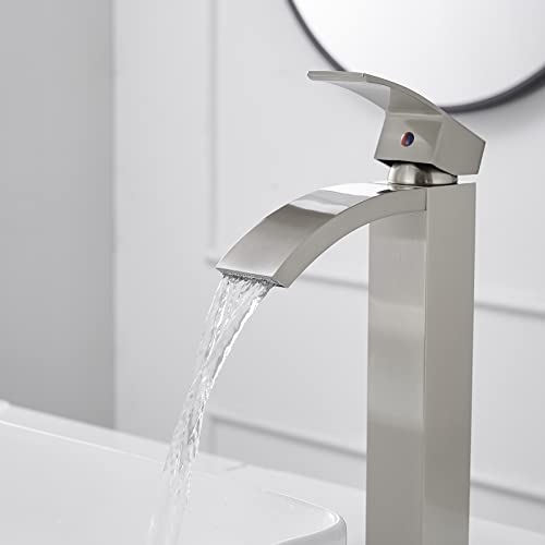 Brushed Nickel Vessel Sink Faucet, Waterfall Bathroom Faucets | Brass, Tall Spout, Single Handle 1 Hole Bathroom Faucet, Modern Basin Taps with Supply Line, Pop Up Drain, Without Overflow - color: Brushed Nickel, size: Tall