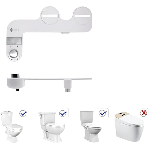 Bidet Attachment for Toilet, Non-Electric Cold Water Bidet with Dual Nozzles (Rear & Feminine Wash), Self-Cleaning Nozzle Rinse, Adjustable Water Pressure Control, Easy Install Kit, Fits Most Toilets