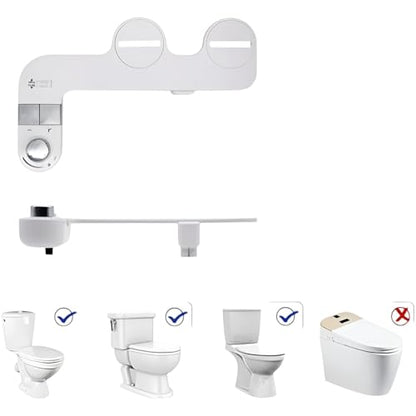 Bidet Attachment for Toilet, Non-Electric Cold Water Bidet with Dual Nozzles (Rear & Feminine Wash), Self-Cleaning Nozzle Rinse, Adjustable Water Pressure Control, Easy Install Kit, Fits Most Toilets