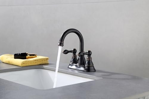 Oil Rubbed Bronze 4 Inch Centerset Bathroom Faucet 3 Hole with Drain,2 Pack | Derengge High Arc Classic 2-Handle Bathroom Faucet, Vanity Lavatory Faucet with 360° Swivel Spout，F-4501-ORB - color: Oil Rubbed BronzeX2