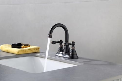 Oil Rubbed Bronze 4 Inch Centerset Bathroom Faucet 3 Hole with Drain,2 Pack | Derengge High Arc Classic 2-Handle Bathroom Faucet, Vanity Lavatory Faucet with 360° Swivel Spout，F-4501-ORB - color: Oil Rubbed BronzeX2