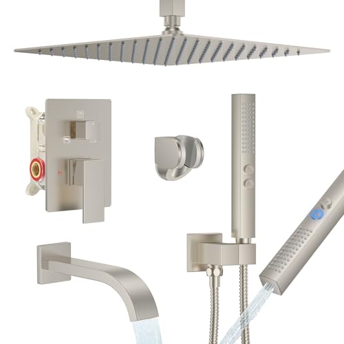 Brushed Nickel Shower System with Tub Spout, Ceiling Mounted Bathtub Shower Faucet Set, 12" Rainfall Shower Head and Handheld Shower Combo, High Pressure Shower Fixtures Set with Rough-in Valve - color: Brushed Nickel, style: 12" Ceiling Mounted Shower Sy