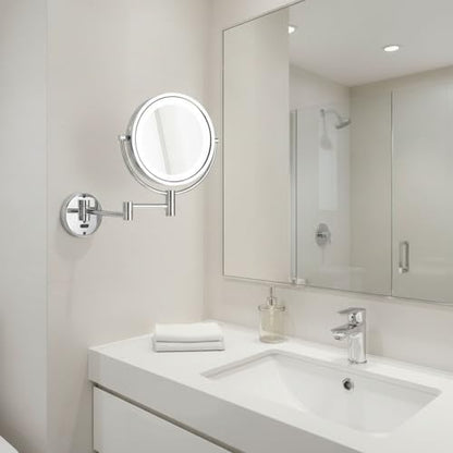 JERDON Lighted Wall-Mount Makeup Mirror - 8X - Chrome - JRT9500CL | Two-Sided Sensor Activation, 8.5" Round Frame, Swivel, 14" Wall Arm - color: Chrome
