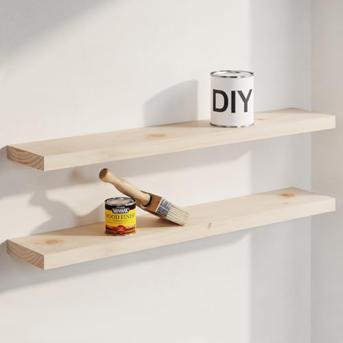 30 inch Wood Floating Shelves, High End Solid Natural Wood 30inch Floating Shelf for Wall, Unfinished Wooden 30 inches Floating Shelves, Heavy Duty Bracket, 30 X 6.5 X 1.75 in, Set of 2 - color: Unfinished - Raw Sanded Pine (Diy), size: 30 inch