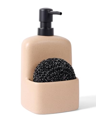 BosilunLife Dish Soap Dispenser - Linen Beige Ceramic Kitchen Soap Dispenser with Sponge Holder Matte Ceramic Soap Daddy Dispenser 20oz for Kitchen Soap Pump and Sponges Caddy - color: Linen Beige
