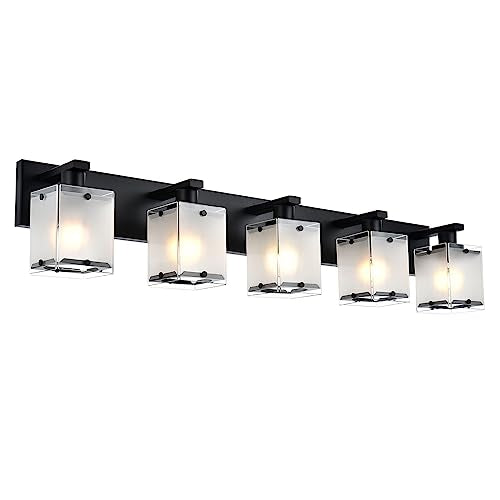 5-Lights Bathroom Light Fixtures, Matte Black Modern Vanity Lights with Rectangular Frosted Glass for Over Mirror Dressing Table, E26 Bulb Base - color: Black, Frosted Glass, size: 5-Lights