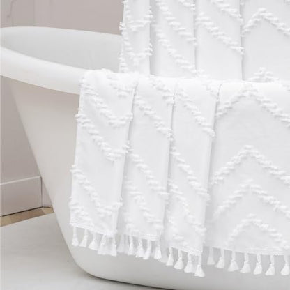 Small Boho Stall Shower Curtain, White Fabric Cloth Stall Shower Curtain 36 x 72 Half Size with Tassel Tufted Chevron Striped Textured Modern Farmhouse for Bathroom, Machine Washable - color: White, size: 36"W x 72"L (Pack of 1)