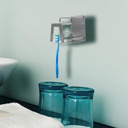 Stainless Steel Wall Toothbrush Rack with Rinsing Cup Holder Wall-Mounted Organizer for Toothbrushes Toothpaste and Bathroom Items Easy No-Drill Installation Water-Drain Design
