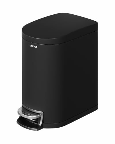 Garvee 1.6 gal / 6L Metal Bathroom Trash Can with Lid, Slim Waterproof Garbage Can for Bedroom, Small Step-on Trash Bin with Inner Bucket, Rear Handle, Soft Close Lid, Black - color: Black, size: 1.6 Gallons