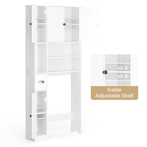 Over The Toilet Storage Cabinet, with Five Doors, White | Over Toilet Bathroom Organizer with Adjustable Shelves, Above Toilet Storage Cabinet for Bathroom, Restroom, Laundry