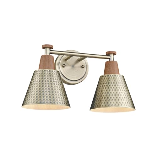 FEMILA 2 Light Bathroom Vanity Light Fixtures Over Mirror, Modern Brass Gold Bathroom Lighting Fixtures with Metal Shades, Woodgrain Finish, 4FG59B-2W BG-NW - color: Brass Gold & New Woodgrain, size: 15"