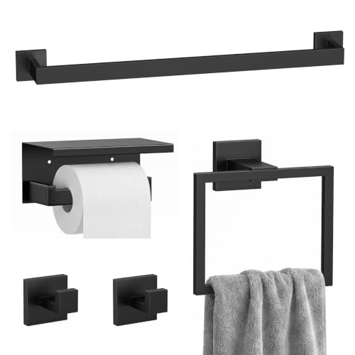 5-Piece Bathroom Hardware Set, 23.6 Inch Towel Bar Set SUS304 Stainless Steel Towel Racks for Bathroom Round Towel Bar, Towel Ring, Toilet Paper Holder, 2 Robe Hooks, Wall Mounted (Black) - color: Matte Black, size: 5 pack