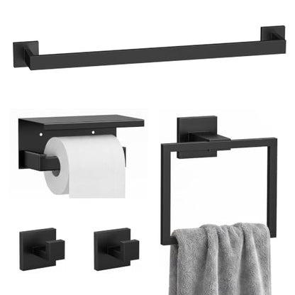 5-Piece Bathroom Hardware Set, 23.6 Inch Towel Bar Set SUS304 Stainless Steel Towel Racks for Bathroom Round Towel Bar, Towel Ring, Toilet Paper Holder, 2 Robe Hooks, Wall Mounted (Black) - color: Matte Black, size: 5 pack