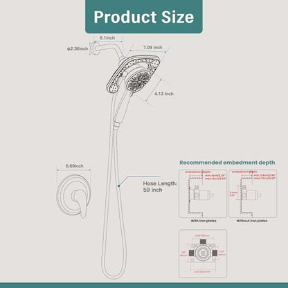Magnetic Shower Faucet Set Dual 2 in 1 Shower System with Handheld Shower Spray 3-way Water Diverter Shower Trim Kit Rainfall Bathroom High Pressure 5 Setting without Tub Faucet Brushed Nickel - color: Brushed Nickel
