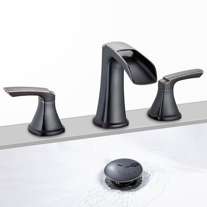 Oil Rubbed Bronze Waterfall Bathroom Faucet, Sanliv 3-Piece Widespread Bathroom Sink Faucets, 2-Handle Bronze Vanity Faucet for 3-Hole Sinks 4-8 Inch with Pop-Up Drain (ORB) - color: Oil Rubbed Bronze