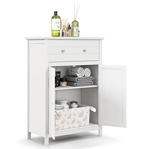 COSTWAY Bathroom Floor Cabinet, Wooden Side Storage Organizer w/Larger Drawer, Adjustable Shelf & 2-Door Cupboard, Freestanding Storage Cabinet for Living Room, Kitchen, Entryway (White) | Larger Drawer, Adjustable Shelf & 2-Door Cupboard, Freestanding St