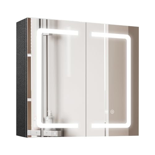 Black Bathroom Mirror Medicine Cabinets with LED Lights, Wall Mounted Mirror Medicine Cabinet with Adustable Shelf, Shaver Socket and Plug, 2 Doors, Anti Fog, Dimmable, Memory Function, 25.5 x 24 inch