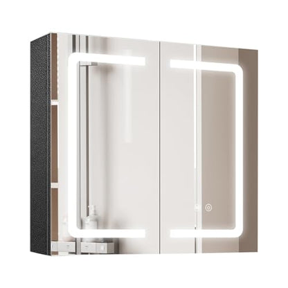Black Bathroom Mirror Medicine Cabinets with LED Lights, Wall Mounted Mirror Medicine Cabinet with Adustable Shelf, Shaver Socket and Plug, 2 Doors, Anti Fog, Dimmable, Memory Function, 25.5 x 24 inch