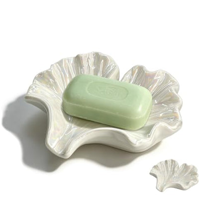 Ceramic Soap Dish with Ginkgo Leaves Design, Self-Draining Soap Tray for Sink, Bathroom, Shower, Small Cute Glazed Holder in White, Easy to Clean