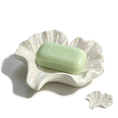 Ceramic Soap Dish with Ginkgo Leaves Design, Self-Draining Soap Tray for Sink, Bathroom, Shower, Small Cute Glazed Holder in White, Easy to Clean