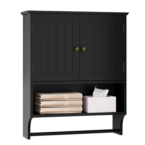 Black Bathroom Cabinet with Towel Rack, Bathroom Wall Cabinet with 2 Doors and Adjustable Shelf, Medicine Cabinet Wall Mount, Over The Toilet Storage - color: Black Bathroom Cabinet With Towel Rack