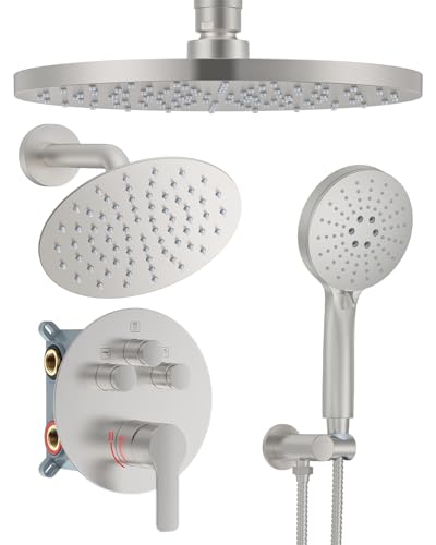Shower System with Pressure Balance Valve, 10" Ceiling Mount Shower Faucet Set with 2 Rain Head and Multi-function Handheld Push Button Diverter Valve Kit,Brushed Nickel - color: Brushed Nickel, style: 10"-Round