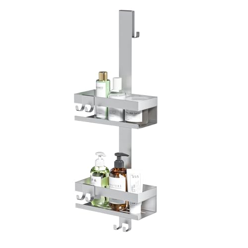 Over Door Shower Caddy Hanging - Rustproof Bathroom Organizer Over The Glass Door - No Drilling 2 Tier Bathroom Shower Rack for Inside