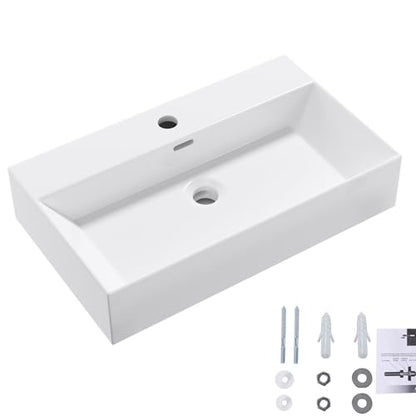 Wall Mount Rectangular Bathroom Sink, QISHKA 24"x14" Modern Ceramic Floating Vessel Sink, White Rectangle Vanity Sink with Overflow, Wall Hung Wash Hand Basin - size: 24" x 14.1" x 5.1"