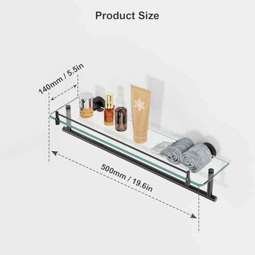 20-Inch Tempered Glass Bathroom Shelf with Towel Bar - Matte Black & Stainless Steel, Wall Mount Rustproof Tower Rail with Shelves - color: Matte Black, size: 20-inch with Railing