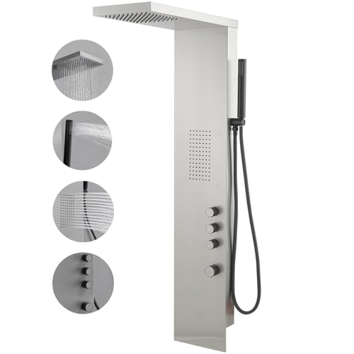 Shower Panel Tower System, Brushed Nickel | Stainless Steel, Multifunction Shower Tower System, Bathroom Rainfall Shower Head Hand Shower and Large Area Body Spray - color: Brushed Nickel, style: 3 IN 1 Shower Panel