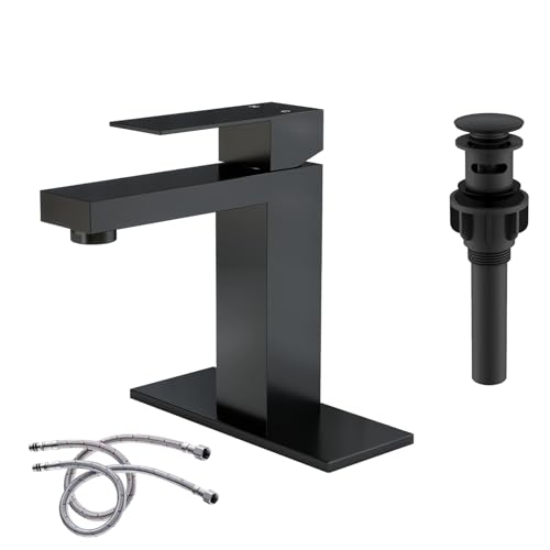 Matte Black Bathroom Faucet Single Hole with Pop-Up Bathroom Drain Single Handle Bathroom Sink Faucet w/Deck Plate(1 or 3 Hole) for Vanity Sinks, RV, Farmhouse - color: Matte Black