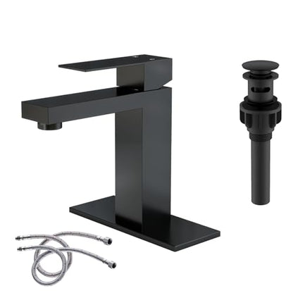 Matte Black Bathroom Faucet Single Hole with Pop-Up Bathroom Drain Single Handle Bathroom Sink Faucet w/Deck Plate(1 or 3 Hole) for Vanity Sinks, RV, Farmhouse - color: Matte Black