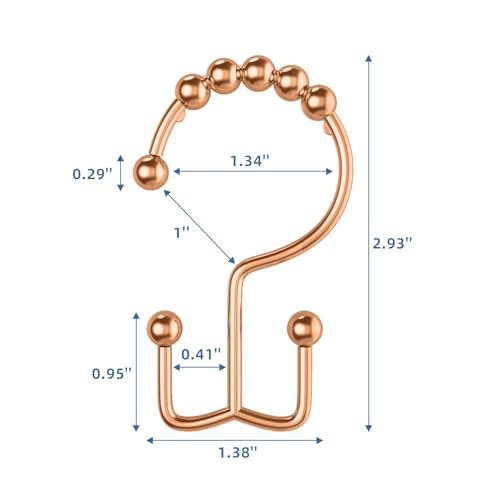 Rose Gold Shower Curtain Hooks Double Sided with Roller Balls | for Bathroom Rods, for Shower Curtain and Liner, Smooth Gliding, Rustproof Metal, Set of 12 Hooks - color: Rose Gold