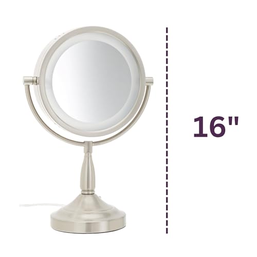 JERDON Lighted Makeup Mirror with 7X Magnification - Nickel - LT856N | Two-Sided 1X View, 8.5" Round Frame, Halo Lighting, 16" Tall
