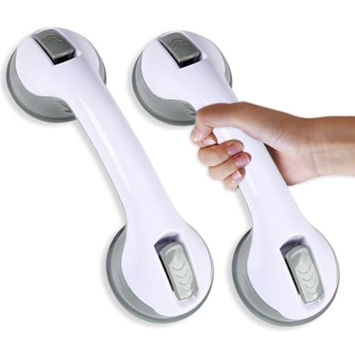12" Grab Bars for Shower & Bathtub, 2-Pack Strong Suction Removable Shower Handles for Elderly Seniors Handicap – No Drilling Safety Grab Bar Replacement for Bathroom Wall, Grey