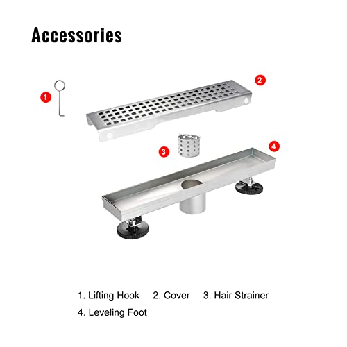 SaniteModar Linear Shower Drain 12 inch Brushed with Square Hole Panel | AISI 304 Stainless Steel Brushed Linear Dain Rectangle Shower Floor Drain with Hair Strainer and Leveling Feet - color: Stainless Steel, size: 12 Inch